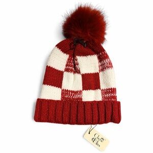 CHERIE BLISS Red & White Chequered Pom Pom Winter Hat Beanie Women’s O/S NEW